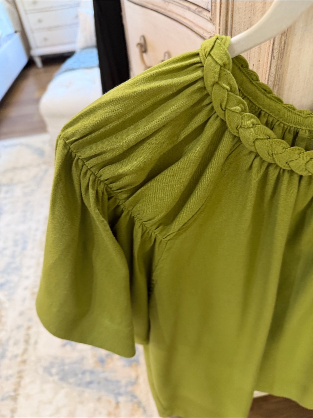 Olive Braided-Neck Flutter Sleeve Blouse - Picture 13 of 16